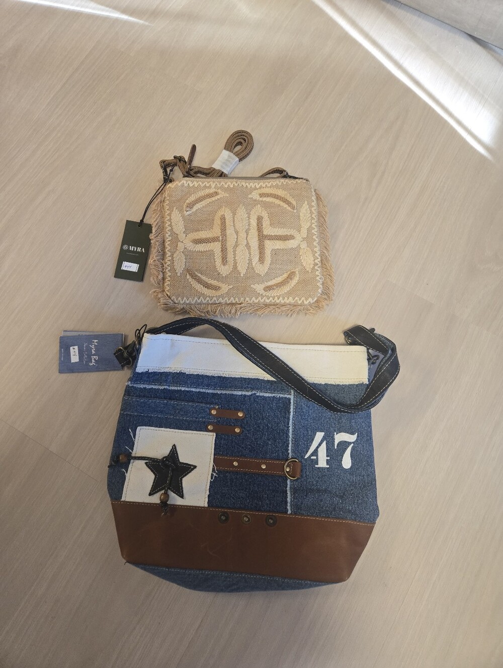 Myra Bag Blue Denim Crossbody with Tan Fringe Pouch